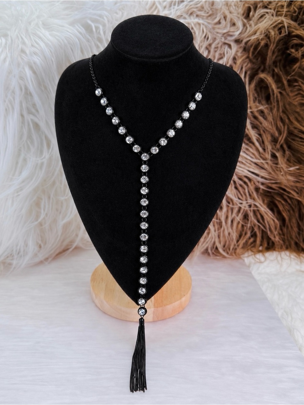 Elegant Black and Silvertone clear Bling Beaded lariat metal fringe necklace